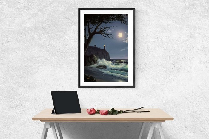 Lighthouse Under Moon Framed Print